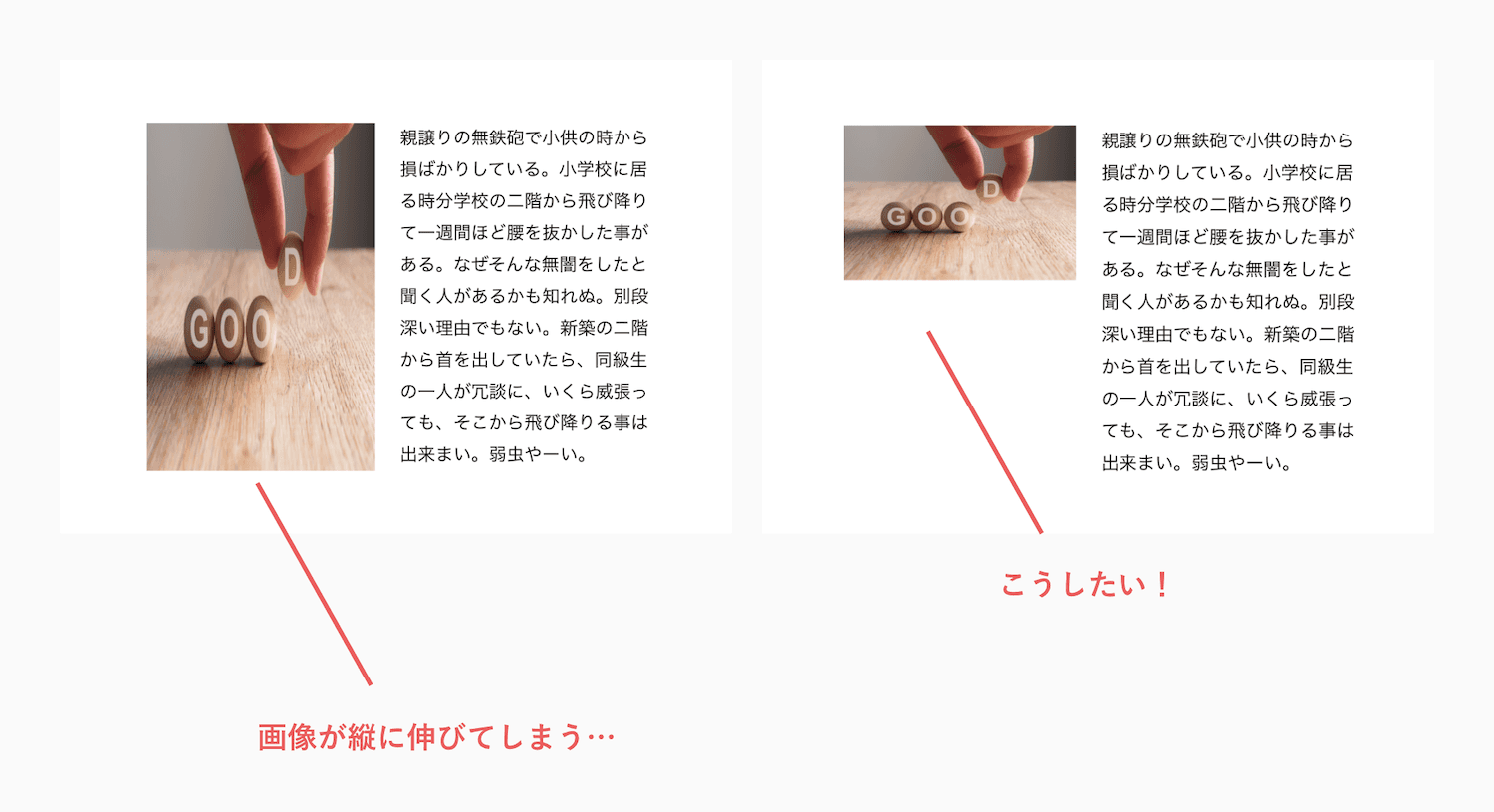 画像が縦に伸びている図と正しい表示の図